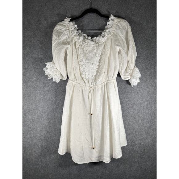 Indikah Dress Women Large White Smocked Mini Boho Coquette Lace Stretch Feminine - Picture 1 of 9
